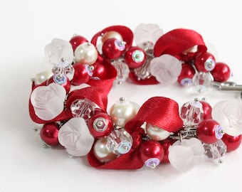 Red White Rose Cluster Bracelet and Earrings Set