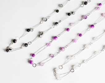 Crackle Beads with Silver Hoops Long Necklace (Black or Purple or White)