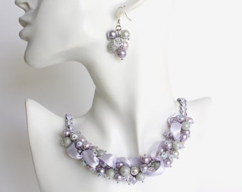 Lilac and Light Gray Cluster Necklace and Earrings Set