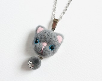 Needle Felted Blue Eye Gray Cat Necklace or Brooch or Ring or Shawl Pin