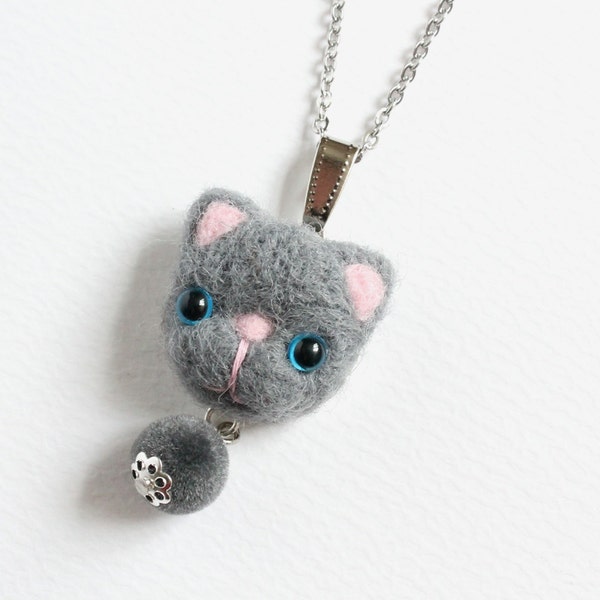 Needle Felted Blue Eye Gray Cat Necklace or Brooch or Ring or Shawl Pin