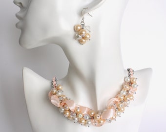 Nude White Pearl Cluster Necklace and Earrings Set
