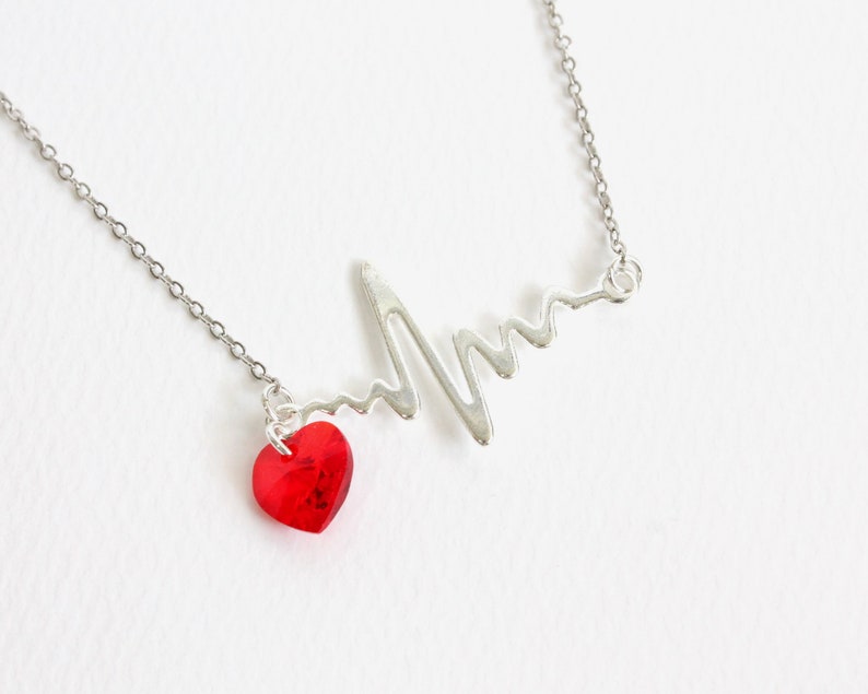 Red Crystal Heart with Heartbeat Necklace image 2