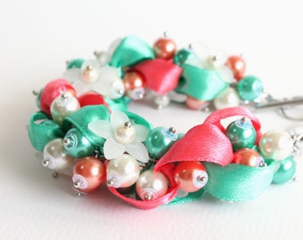 Turquoise Coral White Flower Cluster Bracelet and Earrings Set