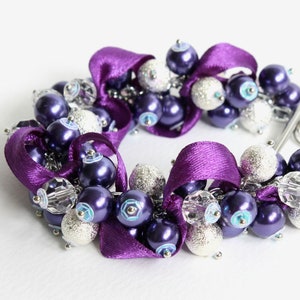 Dark Purple Silver Cluster Bracelet and Earrings set