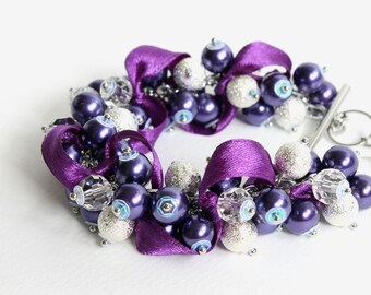 Dark Purple Silver Cluster Bracelet and Earrings set