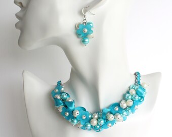 Cerulean Blue Flower and White Cluster Necklace and Earrings Set