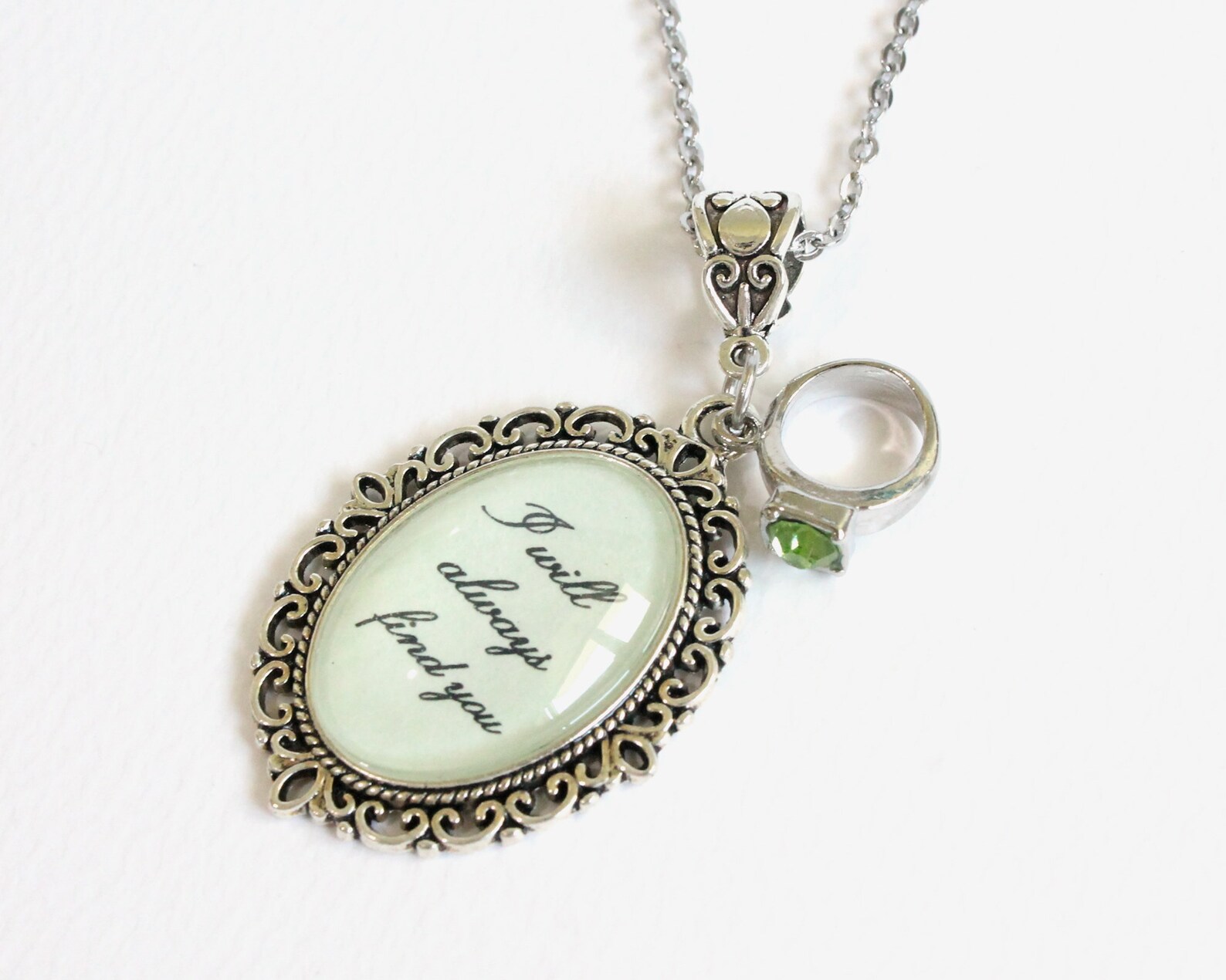 I Will Always Find You Necklace With Green Rhinestone Ring Etsy