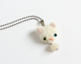Needle Felted Heterochromic White Cat necklace or brooch or ring or shawl pin