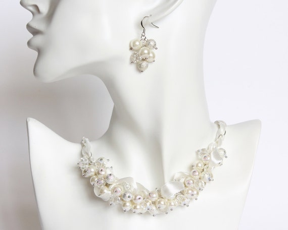 White Silver Crystal Pearl Cluster Necklace and Earrings Set