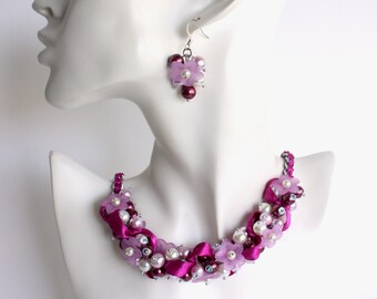 Red-Violet and Mauve Flower Cluster Necklace and Earrings Set