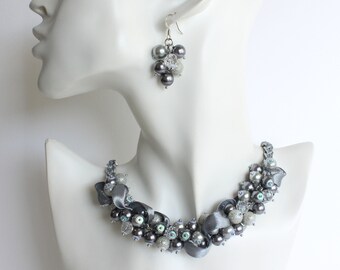 Gray Glass Pearl Cluster Necklace and Earrings Set