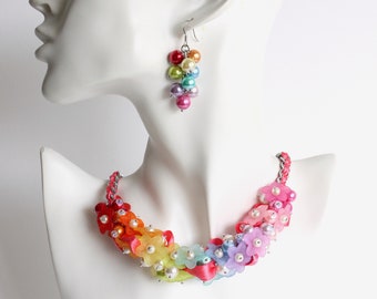Rainbow Flower Cluster Necklace and Earrings Set