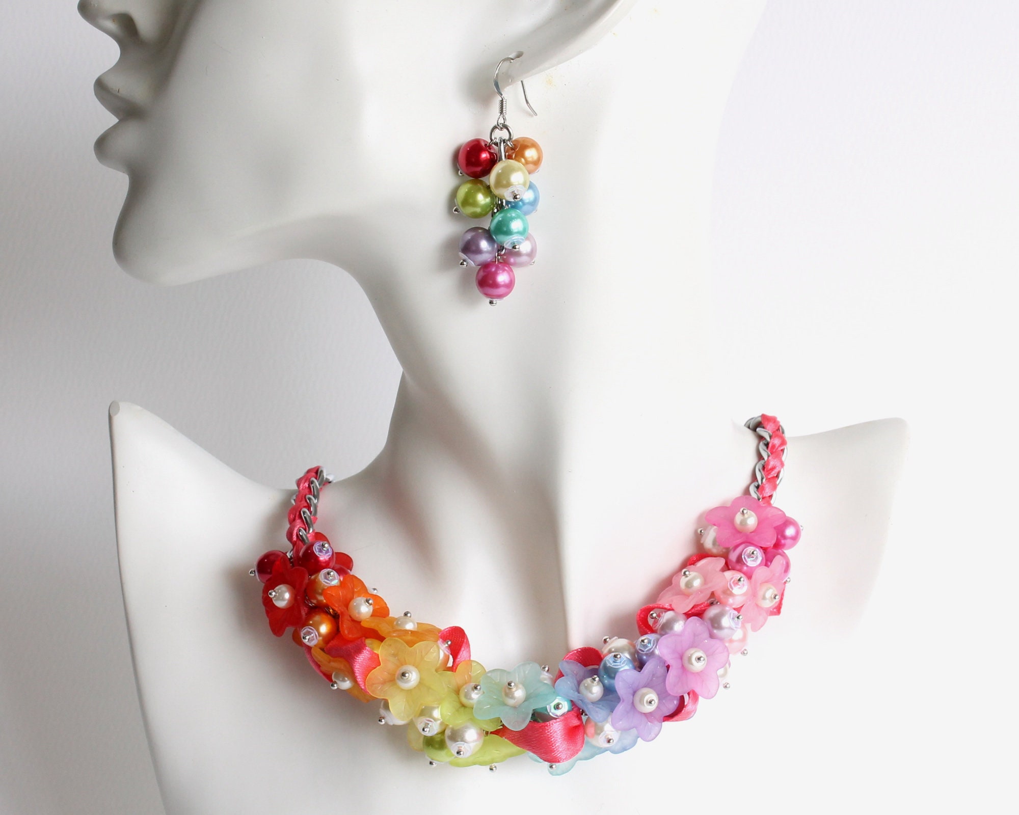 Rainbow Flower Cluster Necklace and Earrings Set