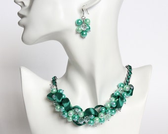 Turquoise Mint Green Cluster Necklace and Earrings Set