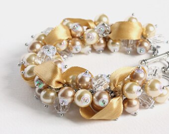 Champagne Gold Bridesmaid Cluster Bracelet and Earrings Set