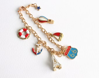 Blue Red White Vacation / Red White Ladies Gold Charm Bracelet