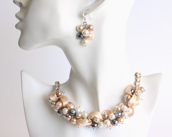 Natural Pearl Color Cluster Necklace and Earrings Set