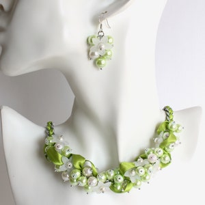 Lime Green White Flower Cluster Necklace and Earrings Set