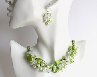 Lime Green White Flower Cluster Necklace and Earrings Set