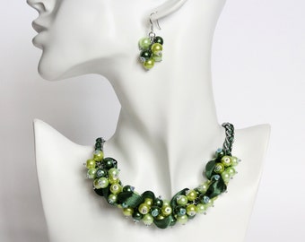 Green Bridesmaid Cluster Necklace and Earrings Set
