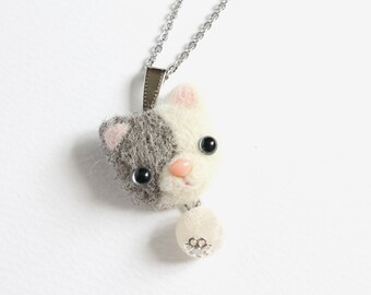 Needle Felted White and Gray Cat Necklace or Brooch or Ring or Shawl Pin