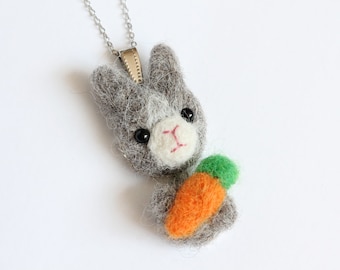 Needle Felted Wool Gray Rabbit necklace or brooch or ring or shawl pin