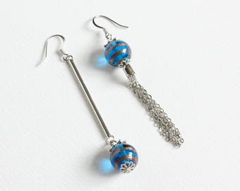 Blue Lampwork Glass Ball Asymmetric Earrings