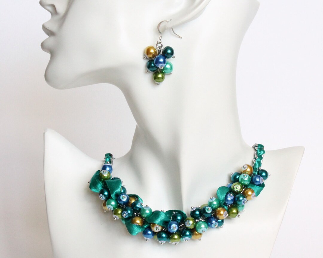 Peacock Color Cluster Necklace and Earrings Set - Etsy