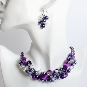 Dark Purple Silver Cluster Necklace and Earrings Set