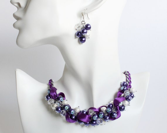 Buy Dark Purple Silver Cluster Necklace and Earrings Set Online in