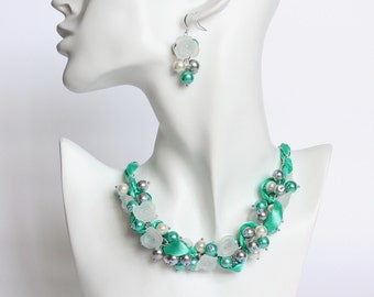 Turquoise Gray White Cluster Necklace and Earrings Set