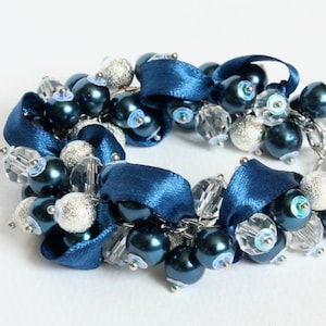Navy Blue Pearl Cluster Bracelet and Earrings set