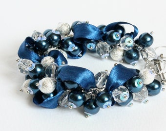 Navy Blue Pearl Cluster Bracelet and Earrings set