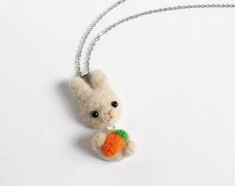 Needle Felted Wool Sandy Rabbit with Carrot Necklace or Brooch or Ring or Shawl Pin