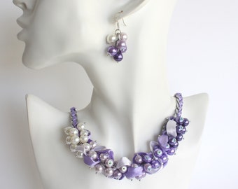 Purple White Gradient Pearl Cluster Necklace and Earrings Set