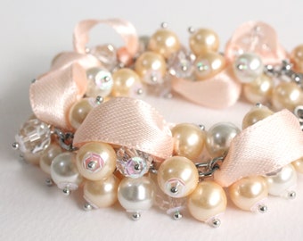 Nude White Pearl Cluster Bracelet and Earrings Set