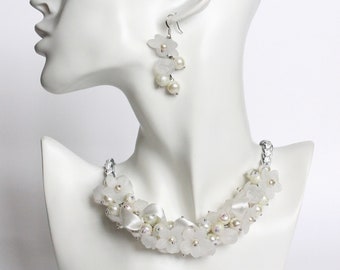 Bridal White Pearl Cluster Necklace and Earrings Set