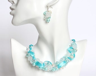 Icy Blue Frosty Rose Cluster Necklace and Earrings Set