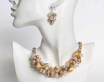 Champagne Gold Bridesmaid Cluster Necklace and Earrings Set