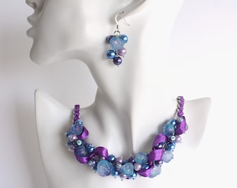 Purple Blue Indigo Rose Cluster Necklace and Earrings Set