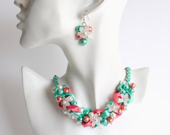 Turquoise Coral White Flower Cluster Necklace and Earrings Set