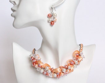 Peach Orange White Bridesmaid Cluster Necklace and Earrings Set