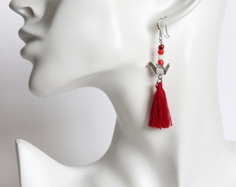 Japanese Origami Crane Earrings with Tassels (red or gray)