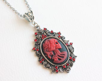 Skeleton Cameo Necklace with Red Rhinestones