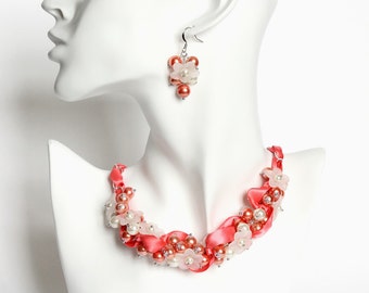 Coral Pink White Flower Bridesmaid Cluster Necklace and Earrings Set