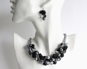 Black Gray Rose Cluster Necklace and Earring Set