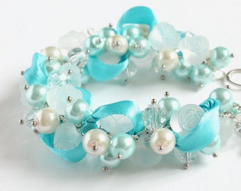 Icy Blue Frosty Rose Cluster Bracelet and Earrings Set