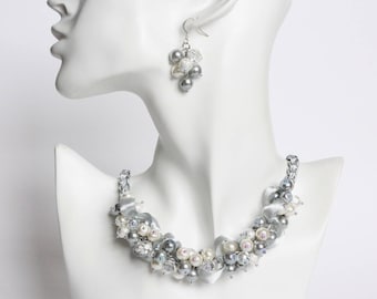 Silver Gray Pearl Cluster Necklace and Earrings