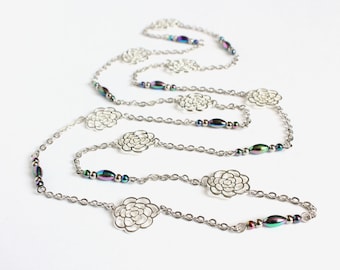 Silver Roses Long Necklace